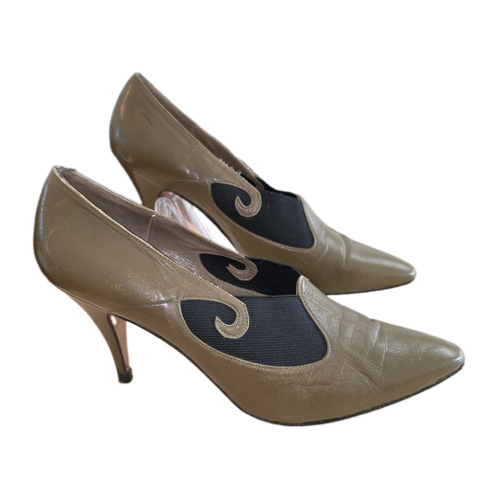 VINTAGE‎ Norma Betancourt Olive & Black Leather Pumps 8 AA Women's Shoes Spain